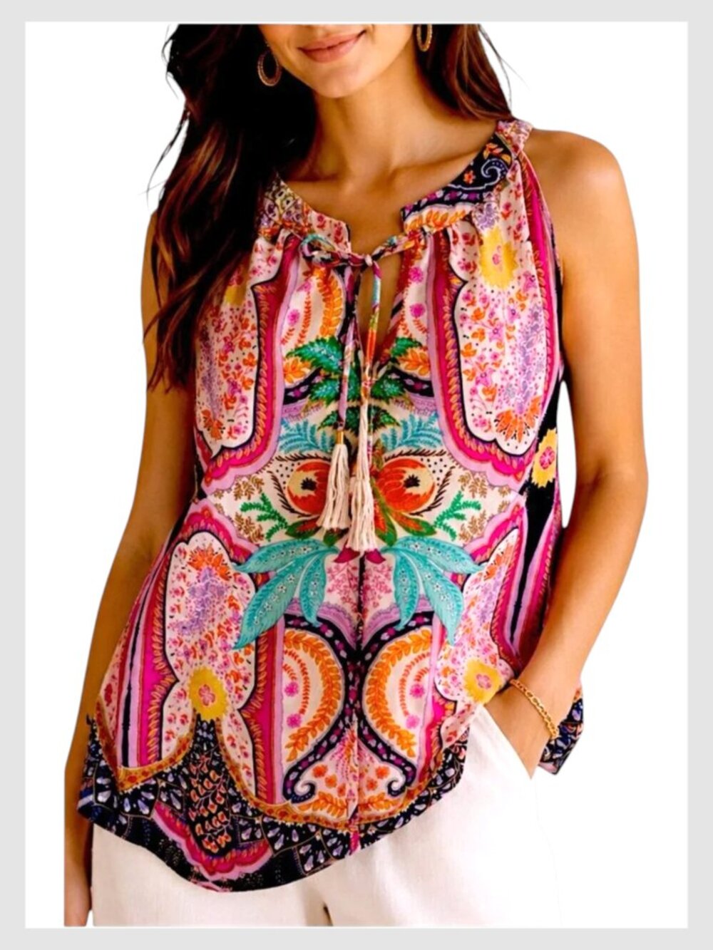 Rose + Olive Sleeveless Paisley Floral Boho Blouse Pink Multi L